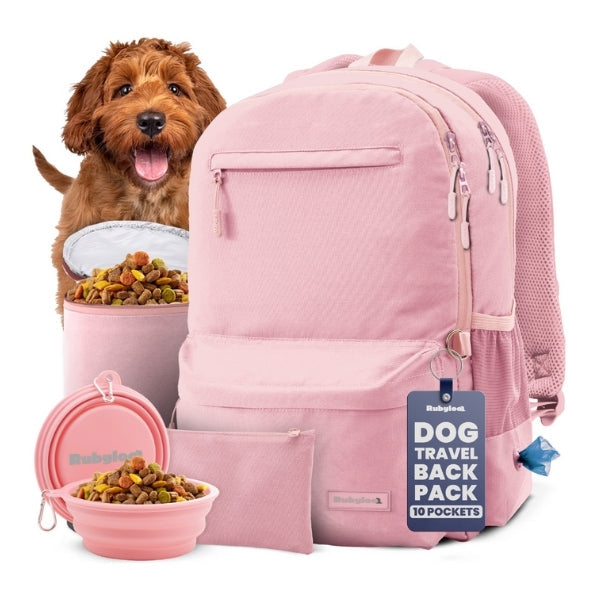 Hands-free dog travel backpack with collapsible bowls
