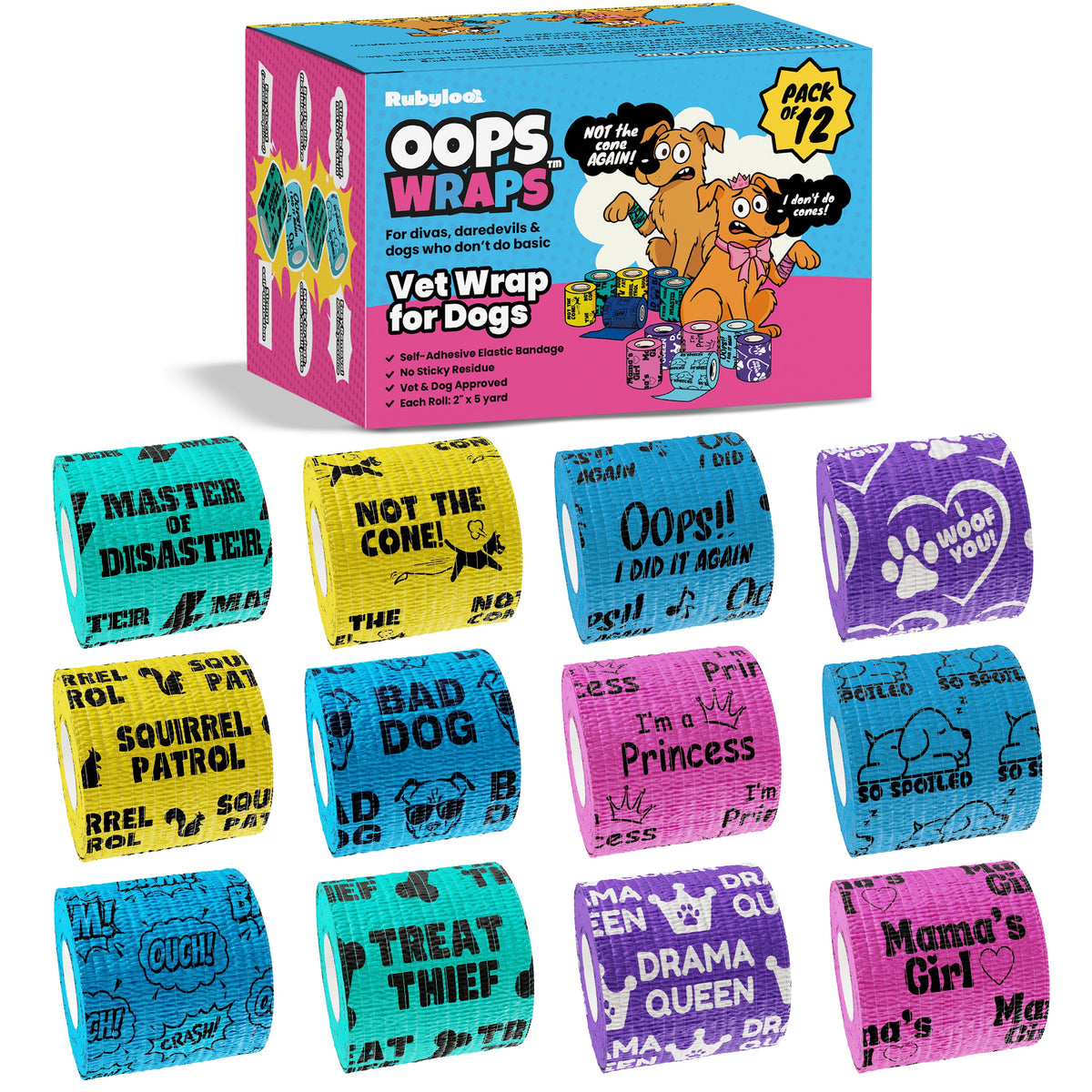 Self-adhering dog first-aid wraps in assorted colors