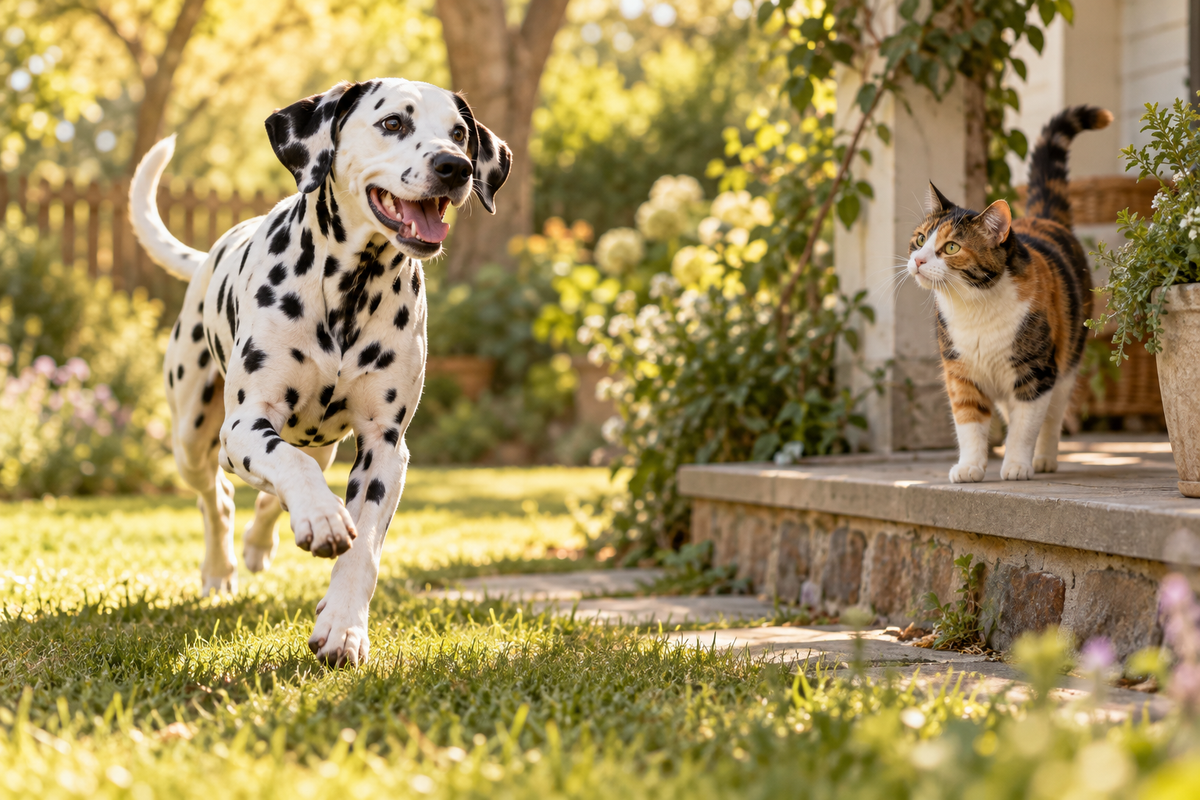 Dalmatian and calico cat enjoying the garden