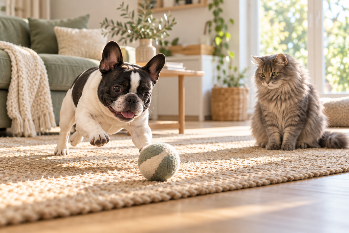 French bulldog and gray cat at play