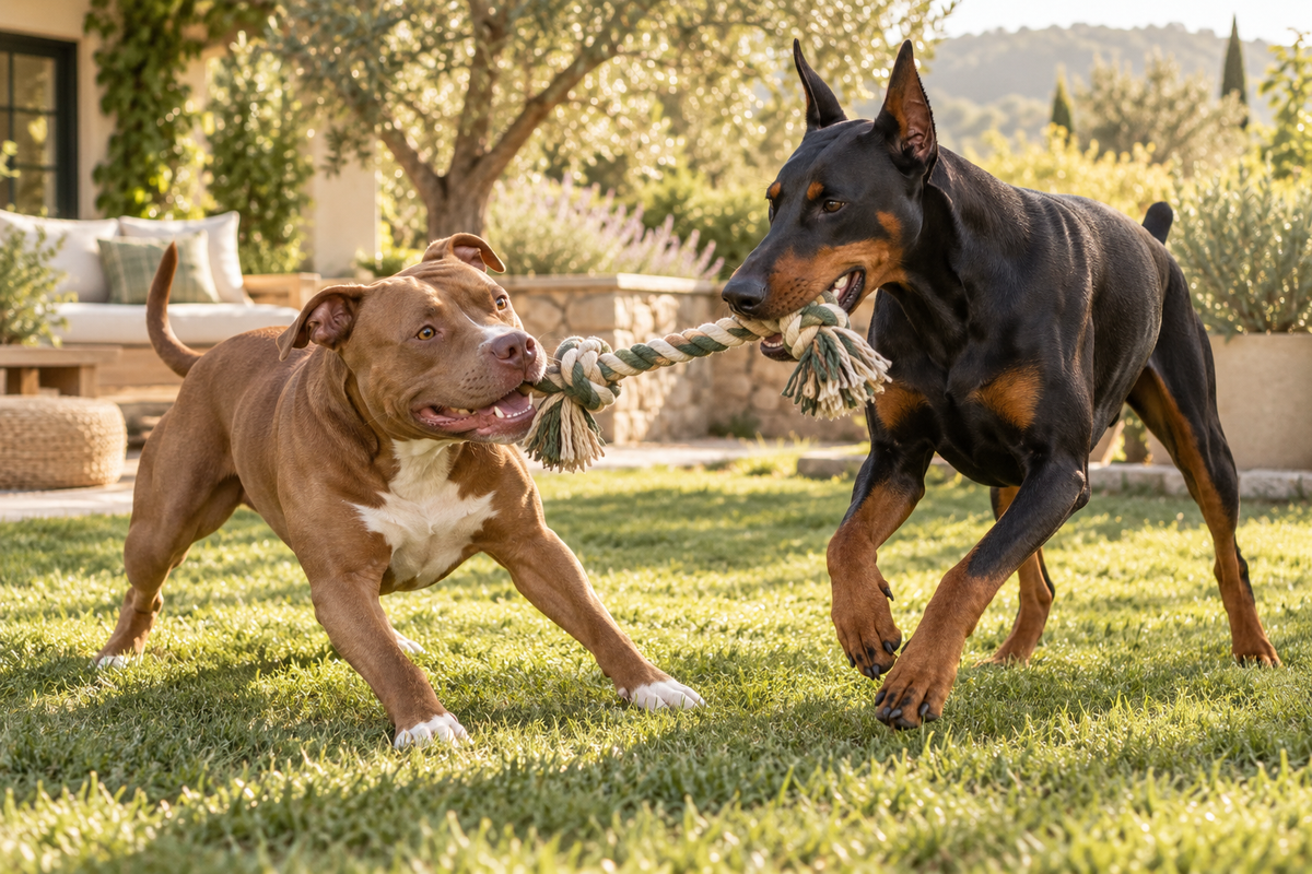 Friendly pit bull and Doberman playing together
