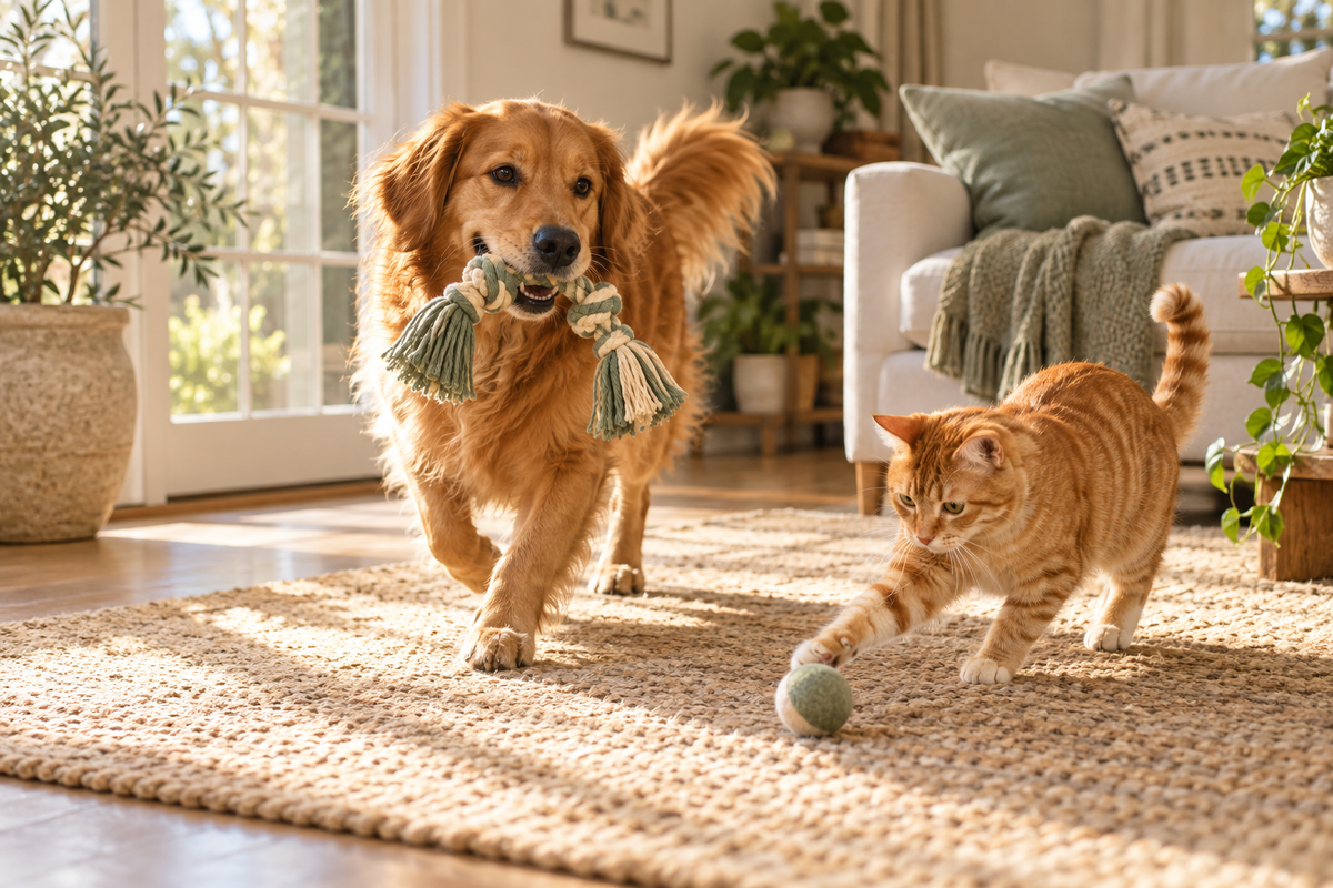 Playful dog and cat together in a sunlit home