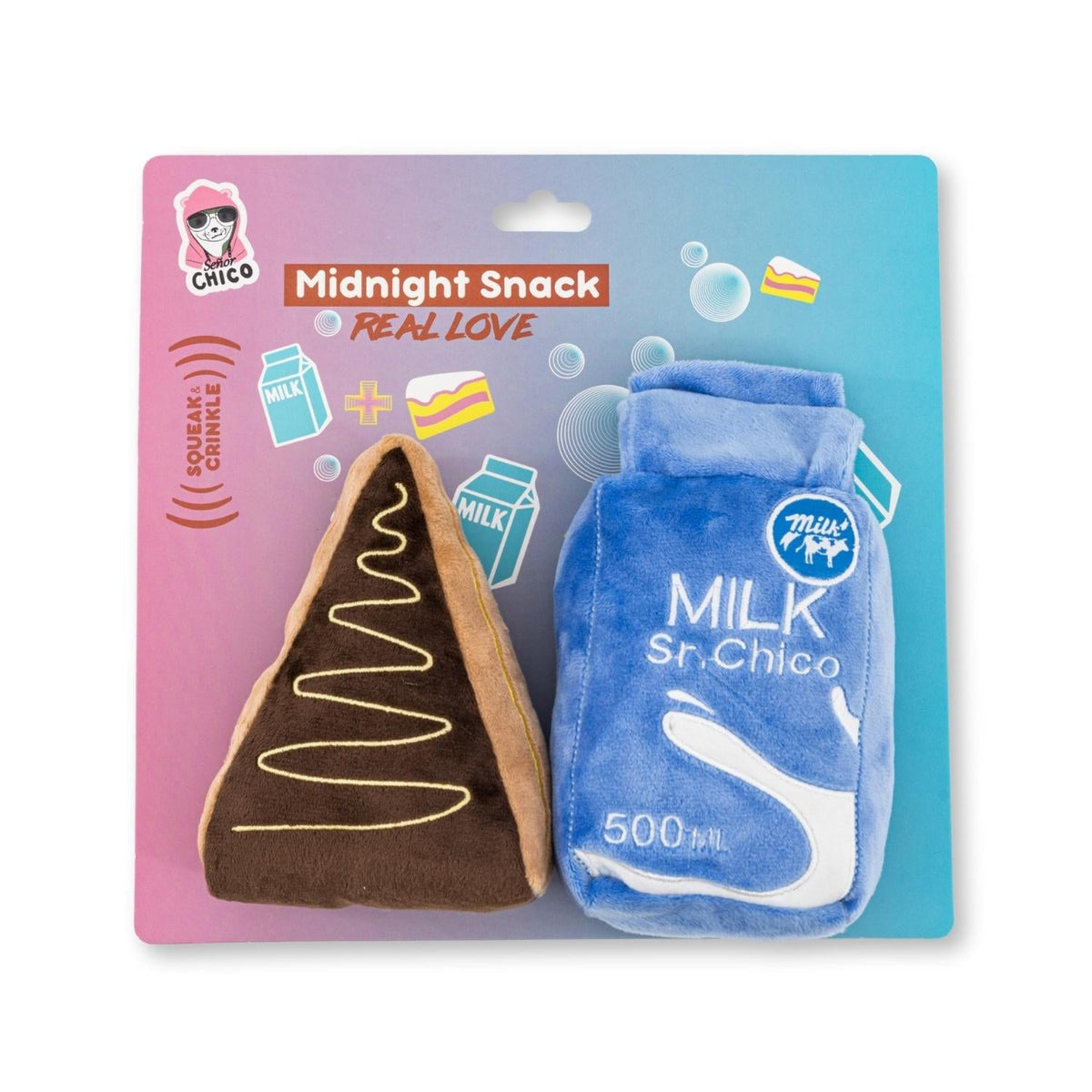 Cake Slice & Milk Plush Dog Toy Set, Squeakers & Crinkle Paper