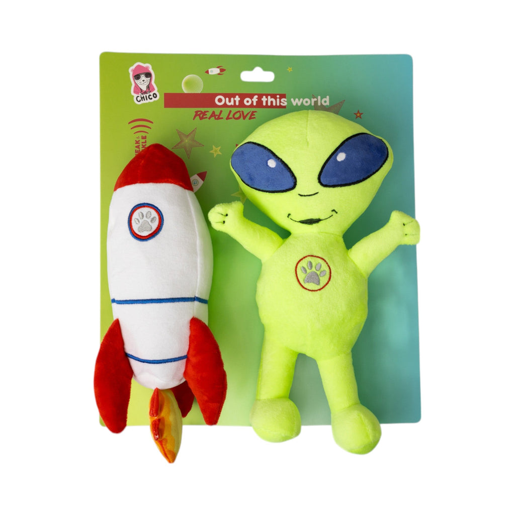 Space Alien & Rocket Plush Dog Toy Set, Squeakers & Crinkle Paper