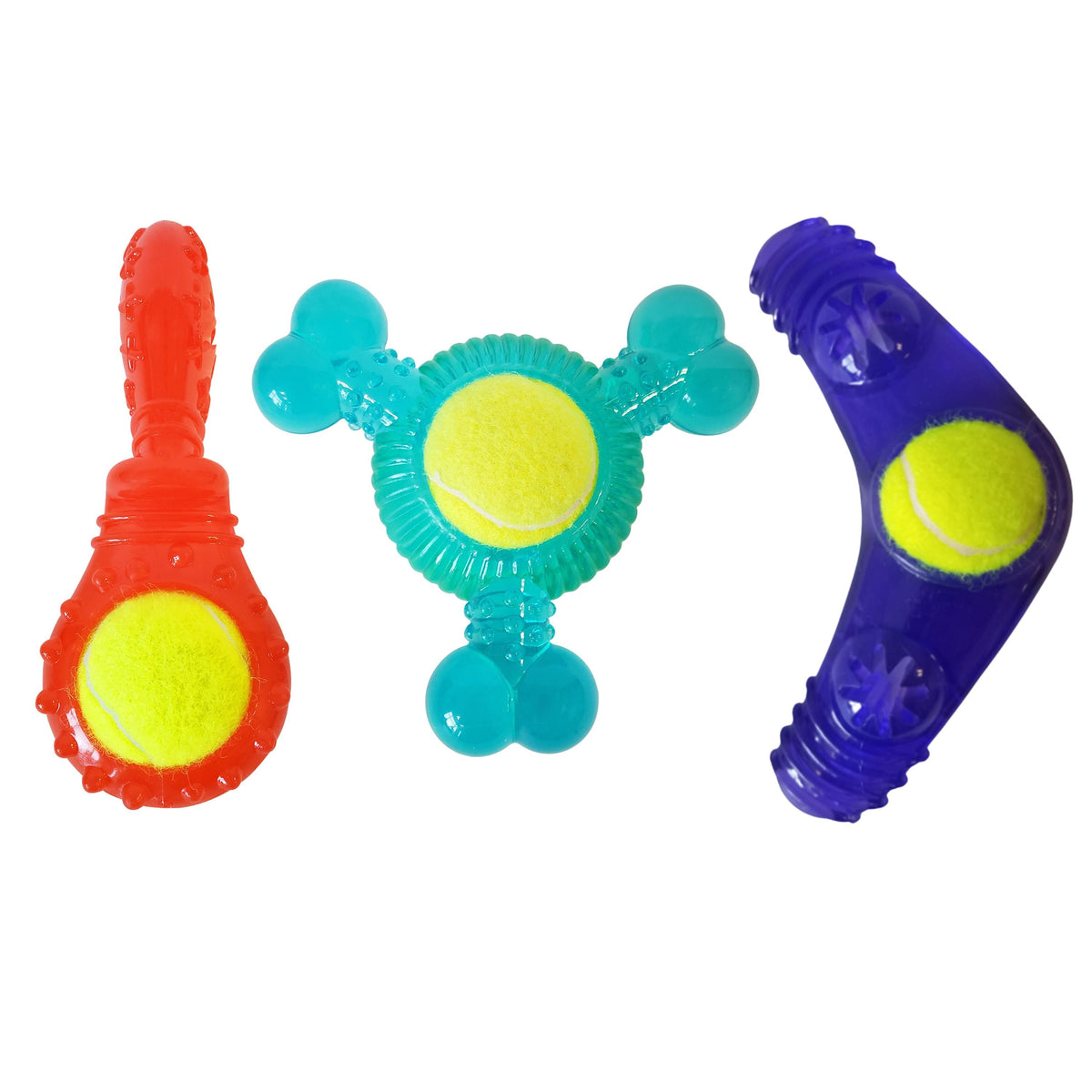 TPR Tennis Ball Dog Toy Variety Pack with Boomerang & Squeaker Toys